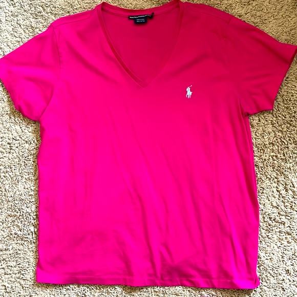 Ralph Lauren Tops - Ralph Lauren Women's Magenta Short Sleeve V Neck T-Shirt Sky Blue Logo Size XL